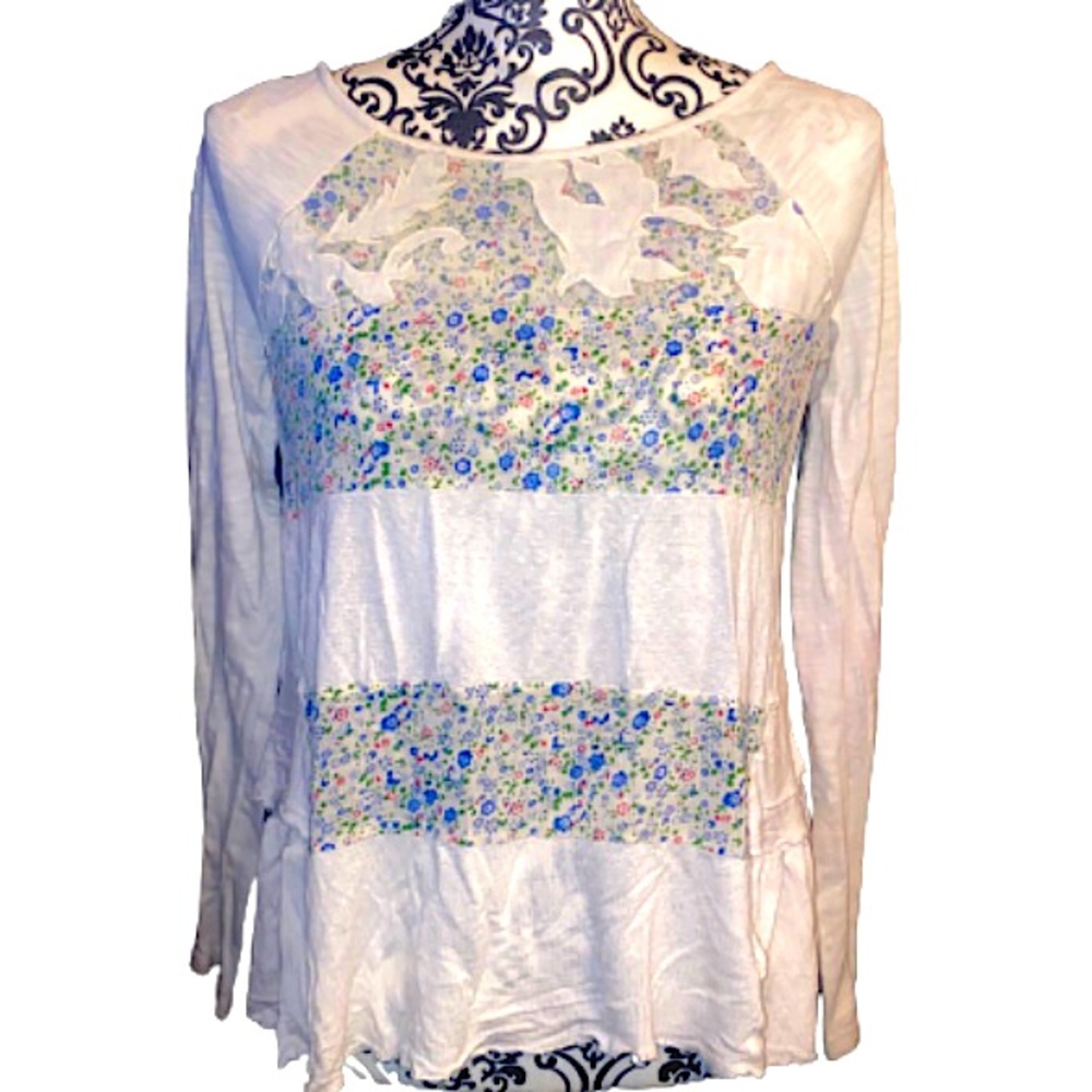Free People XS White Vintage Long Sleeve Tiered Ruffle Floral Peasant Blouse